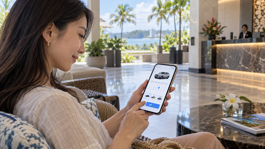 グアムのホテルでスマートフォンからレンタカーを予約する旅行者