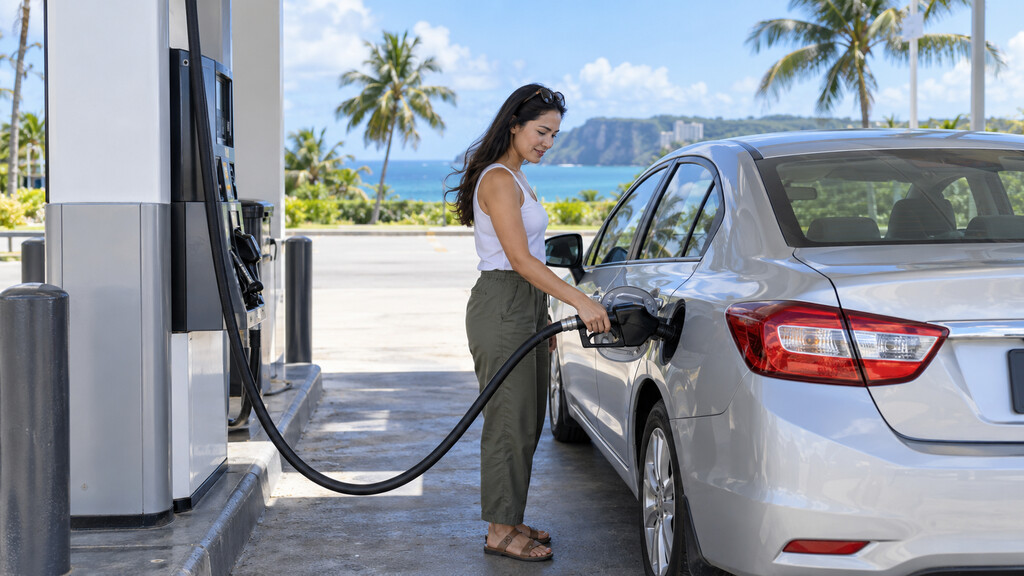 グアムのガソリンスタンドで銀色のレンタカーへ給油する旅行者