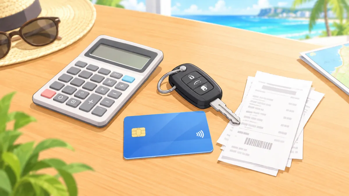 Calculator, car key, credit card and receipts on a table near the Guam coast