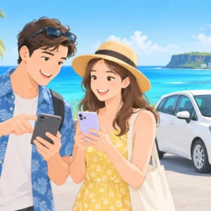 Two travelers comparing rental car quotes on their phones near the Guam coast