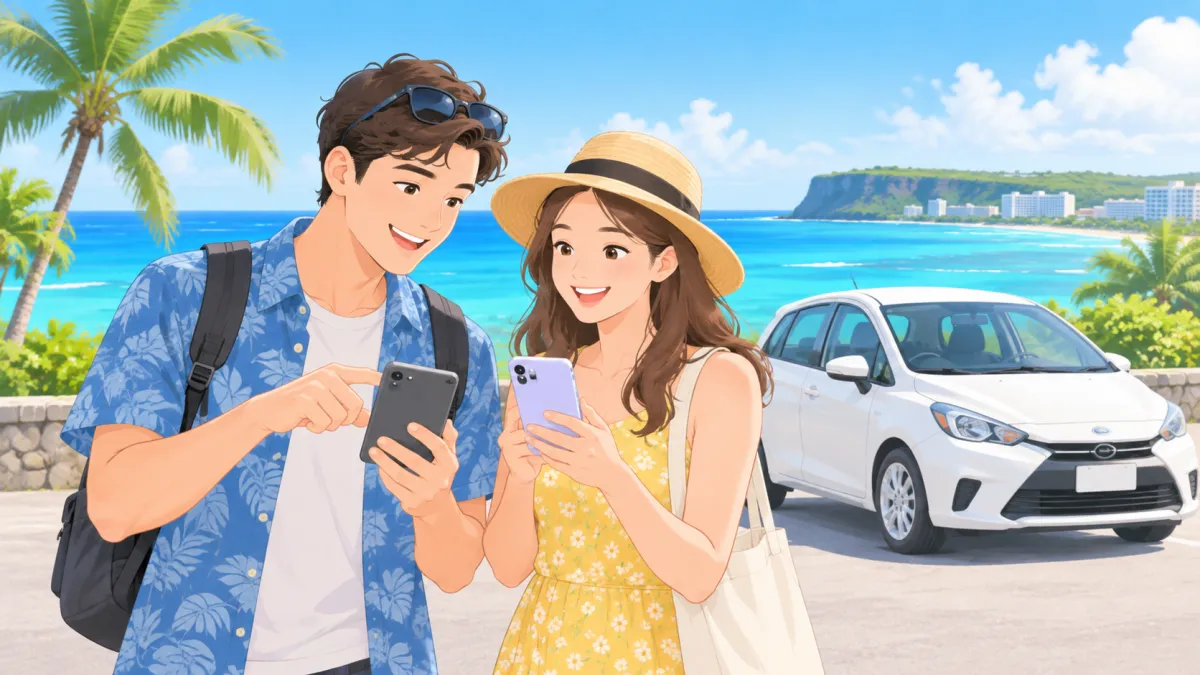 Two travelers comparing rental car quotes on their phones near the Guam coast