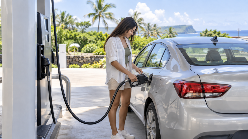 グアムのガソリンスタンドで銀色のレンタカーへ正しく給油する旅行者